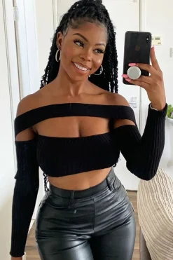 Rebellious Fashion Black Ribbed Long Sleeve Extreme Cut Out Crop Top - Shaina