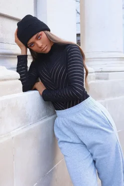 Rebellious Fashion Black Ribbed Mesh Panel Long Sleeve Bodysuit - Amira