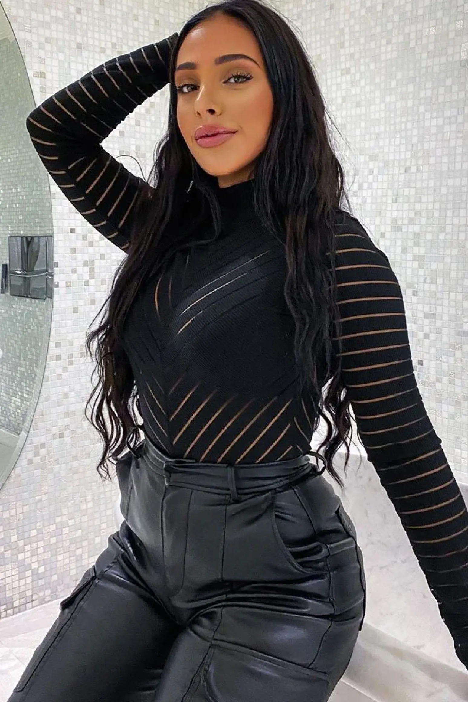 Rebellious Fashion Black Ribbed Mesh Panel Long Sleeve Bodysuit - Amira
