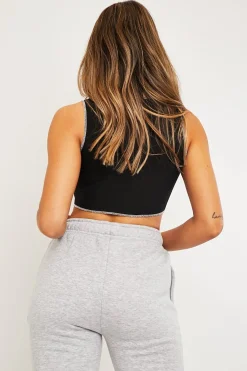 Rebellious Fashion Black Ribbed Notch Contrast Stitch Crop Top - Rinnah