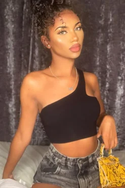 Rebellious Fashion Black Ribbed One Shoulder Crop Top - Danyelle