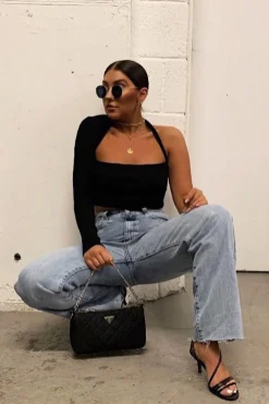 Rebellious Fashion Black Ribbed One Sleeve Cut Out Crop Top - Charae
