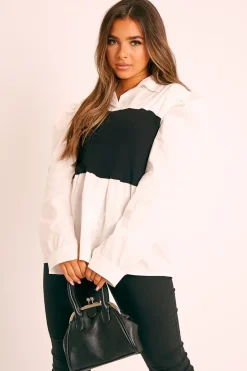 Rebellious Fashion Black Ribbed Panel Puff Sleeve Shirt - Fionna