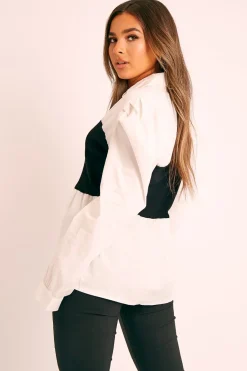 Rebellious Fashion Black Ribbed Panel Puff Sleeve Shirt - Fionna