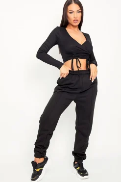 Rebellious Fashion Black Ribbed Plunge Neckline Crop Top - Kaile