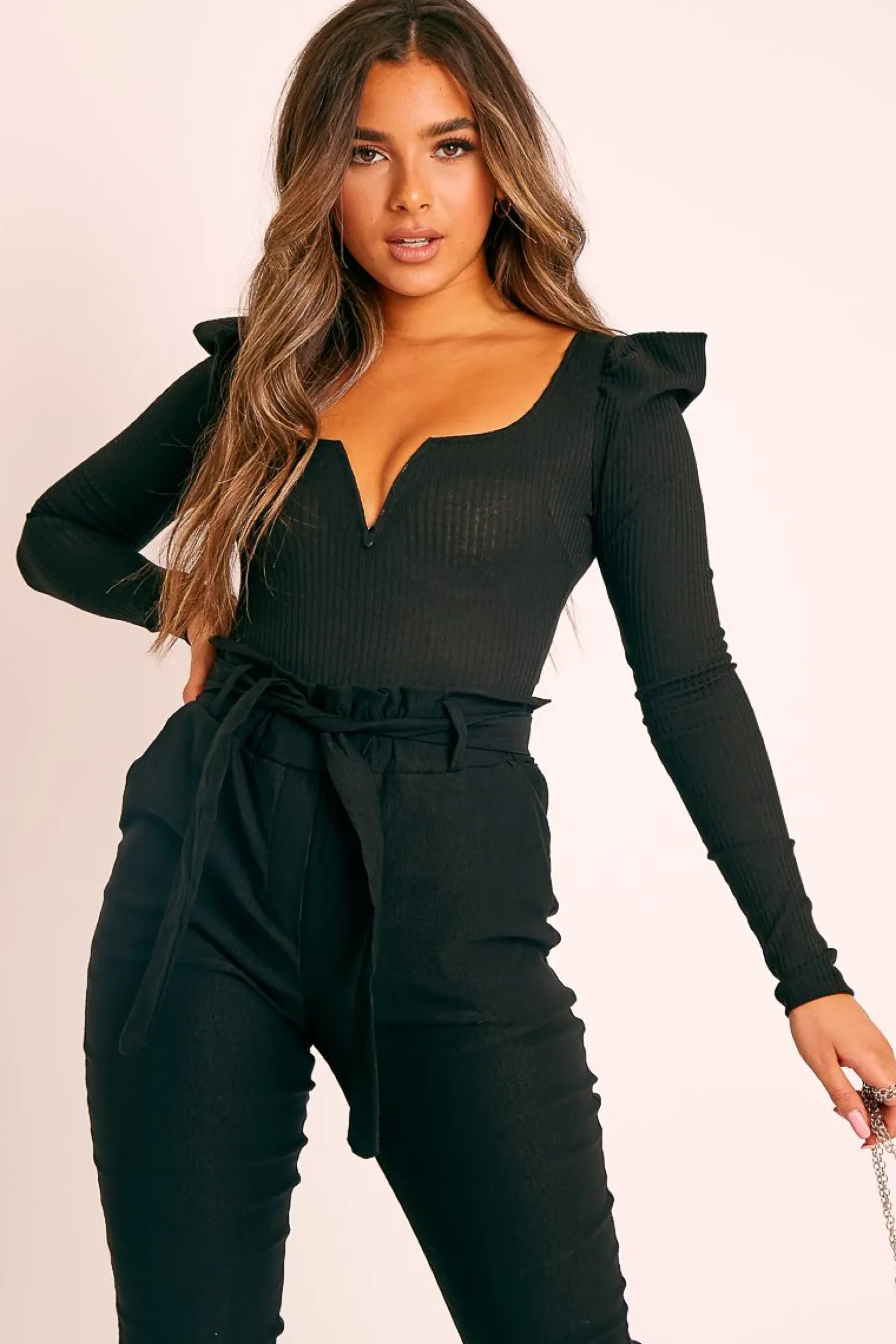 Rebellious Fashion Black Ribbed Plunge Puff Sleeve Bodysuit - Saffy