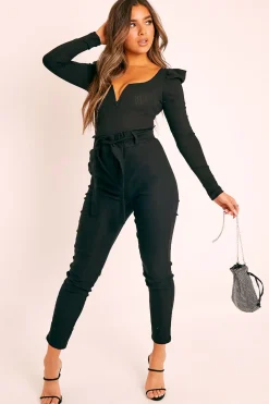 Rebellious Fashion Black Ribbed Plunge Puff Sleeve Bodysuit - Saffy