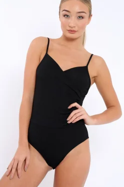 Rebellious Fashion Black Ribbed Plunge Wrap Bodysuit - Abriana