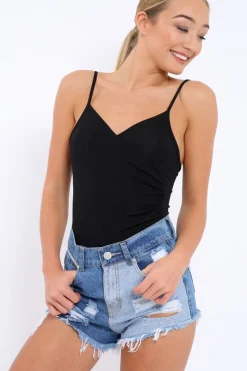 Rebellious Fashion Black Ribbed Plunge Wrap Bodysuit - Abriana