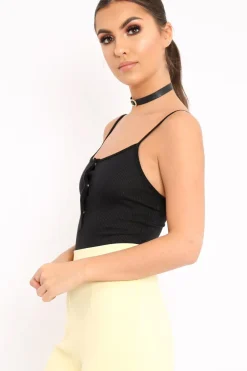 Rebellious Fashion Black Ribbed Popper Front Bodysuit - Baylee