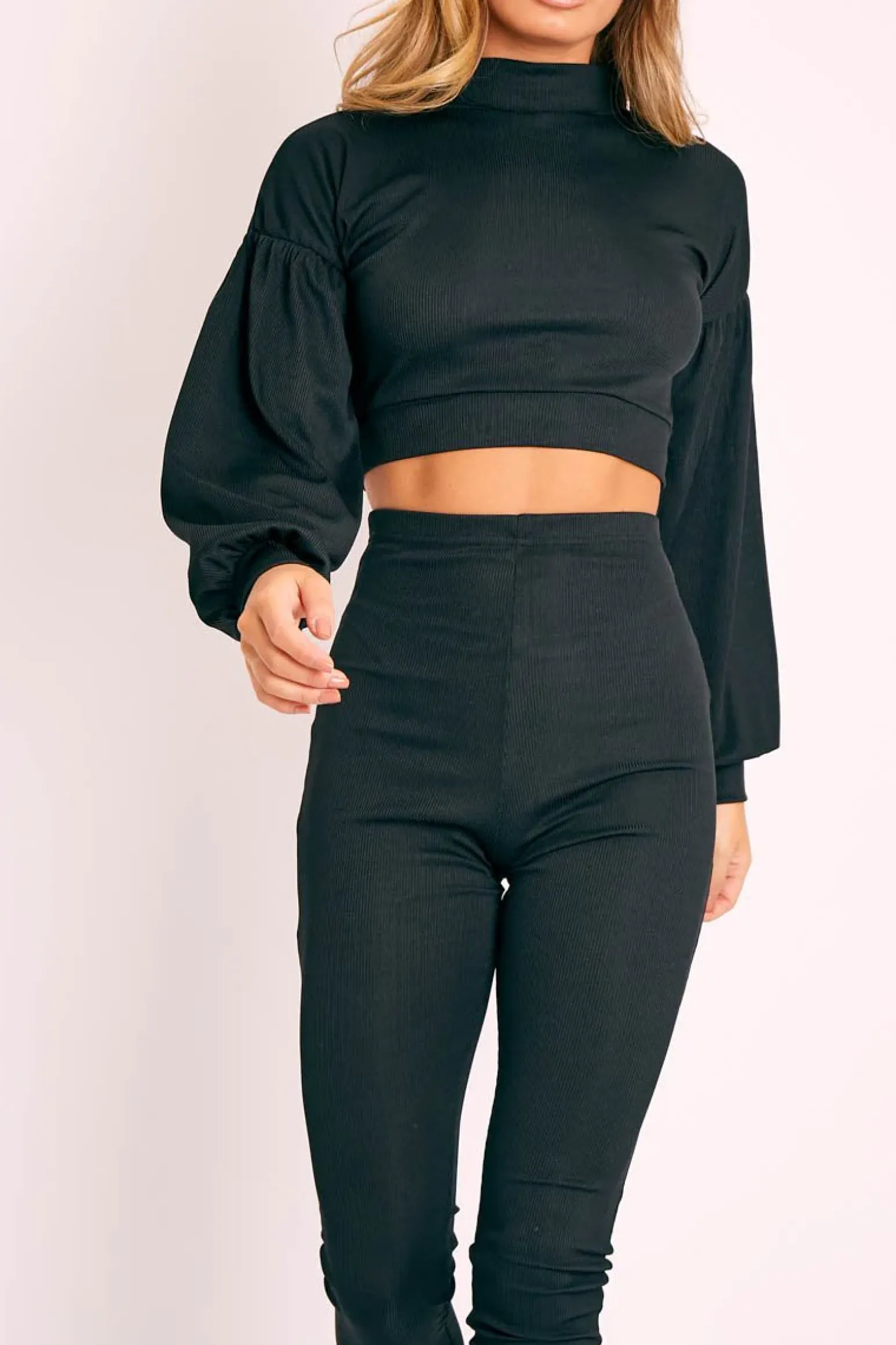 Rebellious Fashion Black Ribbed Puff Sleeve Top Loungewear Co-ord - Effy