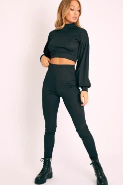 Rebellious Fashion Black Ribbed Puff Sleeve Top Loungewear Co-ord - Effy