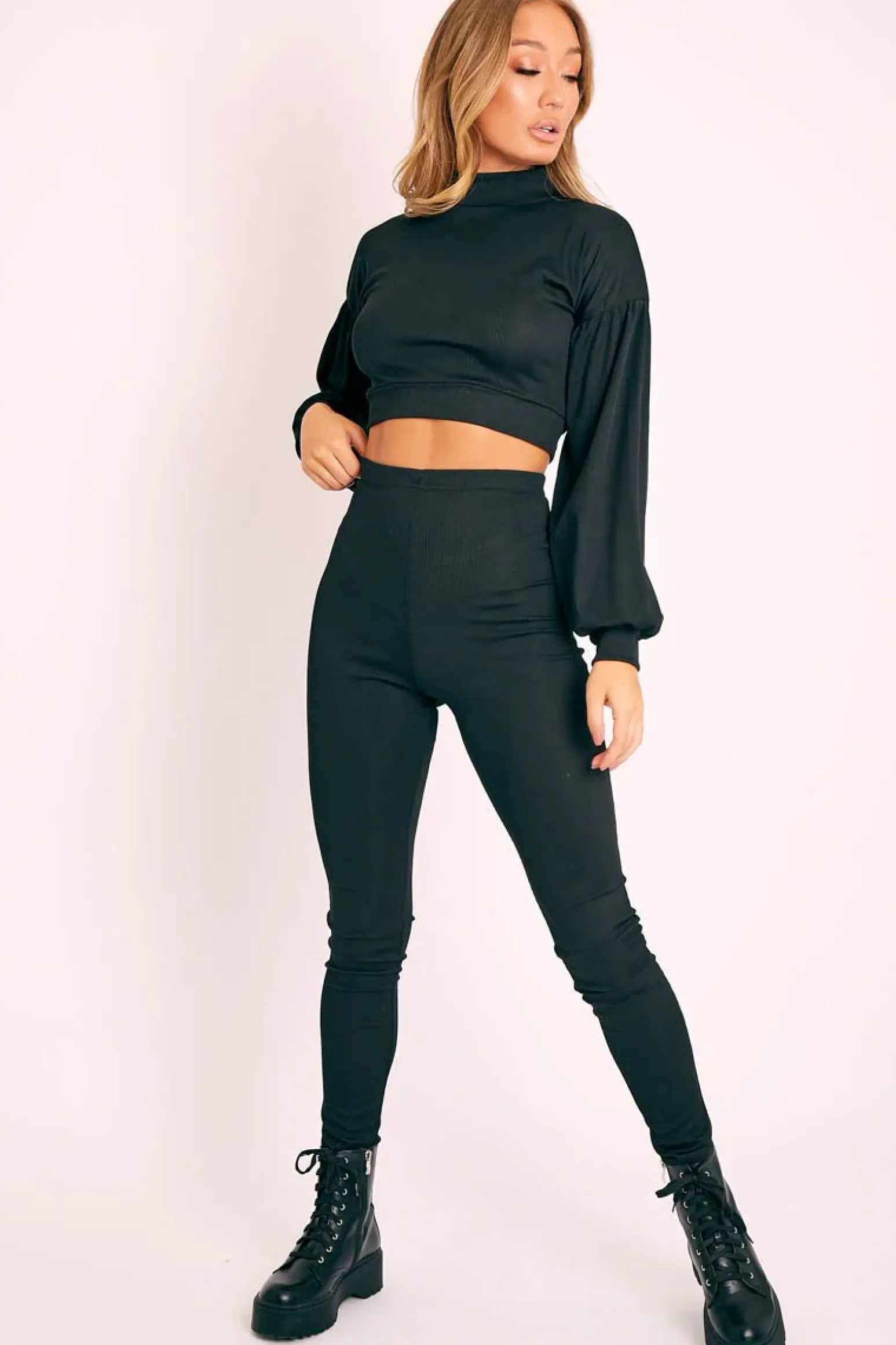Rebellious Fashion Black Ribbed Puff Sleeve Top Loungewear Co-ord - Effy