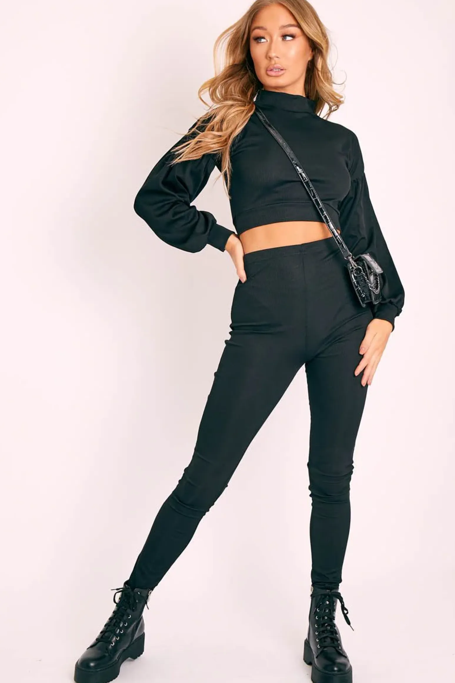 Rebellious Fashion Black Ribbed Puff Sleeve Top Loungewear Co-ord - Effy
