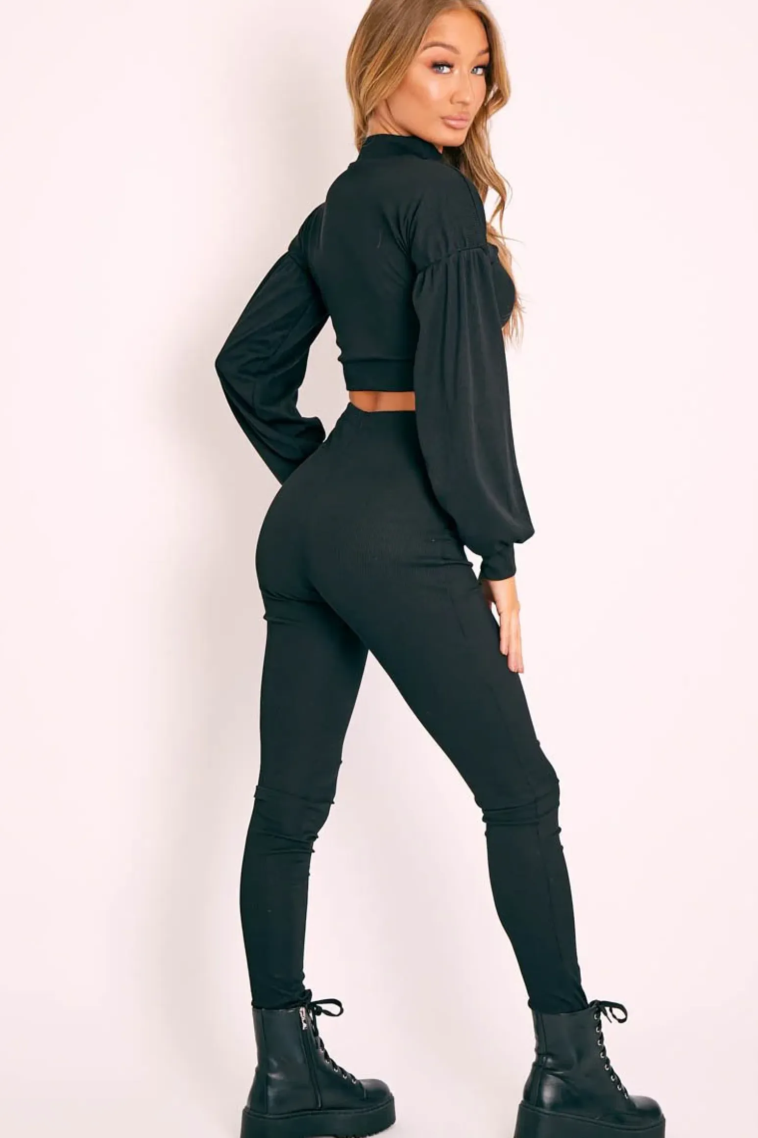 Rebellious Fashion Black Ribbed Puff Sleeve Top Loungewear Co-ord - Effy