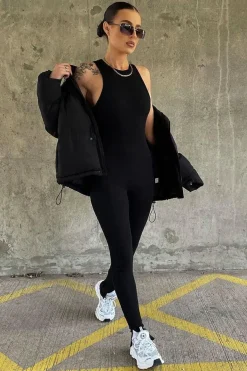 Rebellious Fashion Black Ribbed Racer Neckline Jumpsuit - Kila
