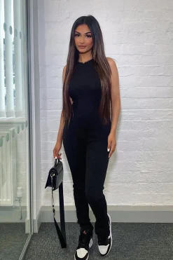 Rebellious Fashion Black Ribbed Racer Neckline Jumpsuit - Kila