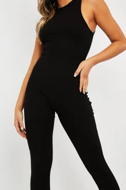 Rebellious Fashion Black Ribbed Racer Neckline Jumpsuit - Kila