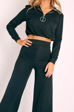 Rebellious Fashion Black Ribbed Ring Pull Zip Loungewear Co-ord - Candace