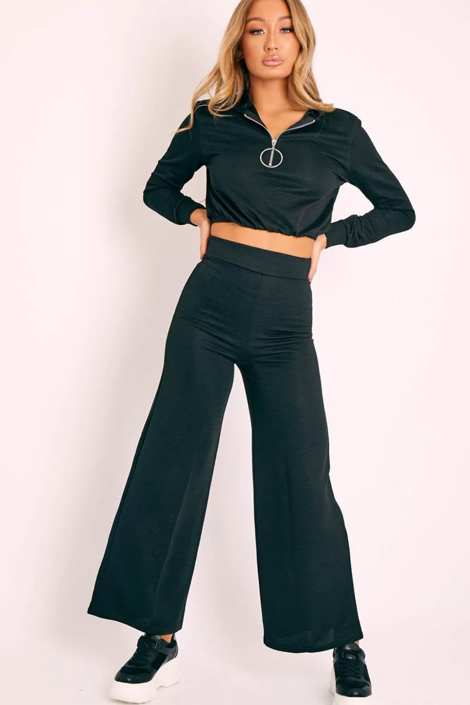 Rebellious Fashion Black Ribbed Ring Pull Zip Loungewear Co-ord - Candace
