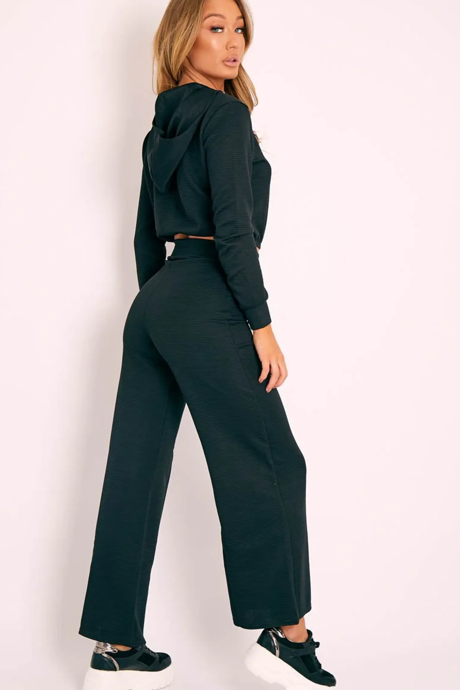 Rebellious Fashion Black Ribbed Ring Pull Zip Loungewear Co-ord - Candace