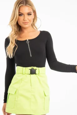 Rebellious Fashion Black Ribbed Ring Zip Bodysuit - Odessie