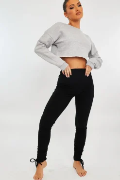 Rebellious Fashion Black Ribbed Ruched Ankle Leggings - Hollyann