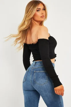 Rebellious Fashion Black Ribbed Ruched Centre Crop Top - Tessla
