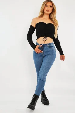 Rebellious Fashion Black Ribbed Ruched Centre Crop Top - Tessla