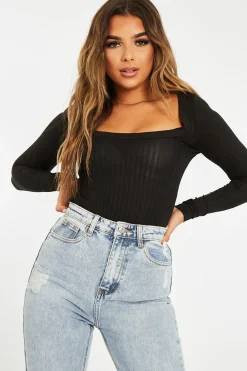 Rebellious Fashion Black Ribbed Scoop Neck Bodysuit - Harlen