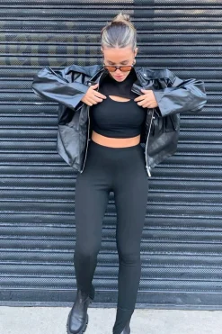 Rebellious Fashion Black Ribbed Side Split Leggings - Enzie