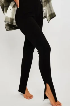 Rebellious Fashion Black Ribbed Side Split Leggings - Enzie