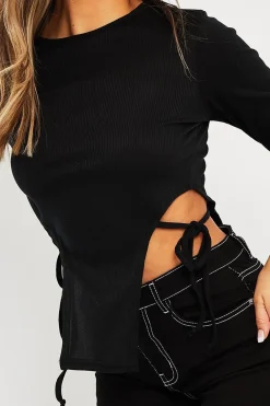 Rebellious Fashion Black Ribbed Side Tie Top - Bibi