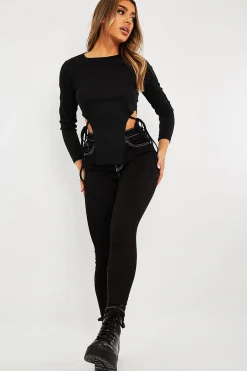 Rebellious Fashion Black Ribbed Side Tie Top - Bibi