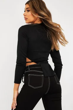 Rebellious Fashion Black Ribbed Side Tie Top - Bibi