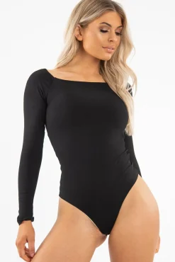 Rebellious Fashion Black Ribbed Square Neck Bodysuit - Alysha