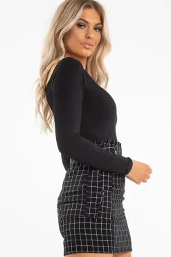 Rebellious Fashion Black Ribbed Square Neck Bodysuit - Alysha