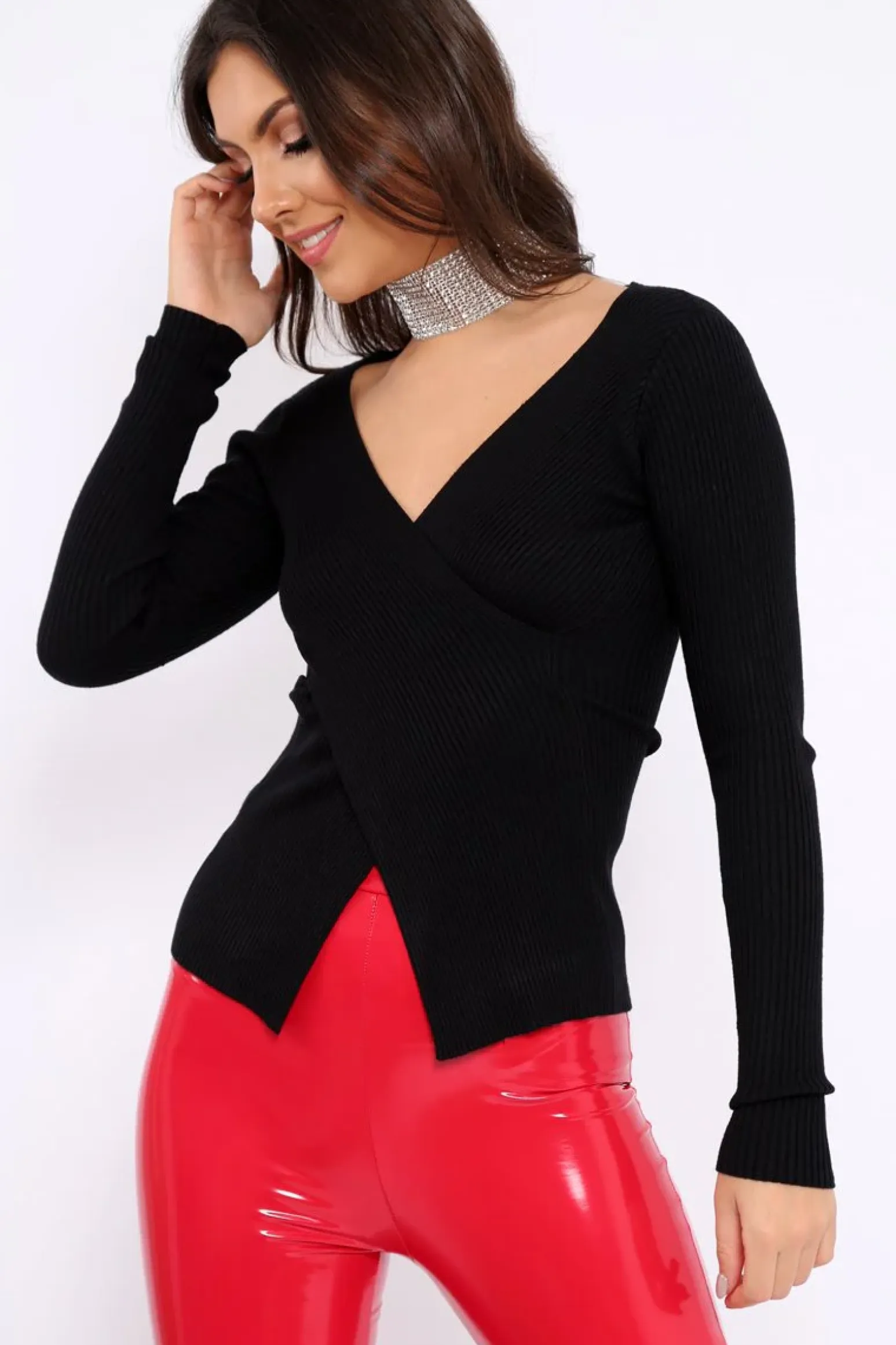 Rebellious Fashion Black Ribbed Thin Knit Wrap Top - Jordi