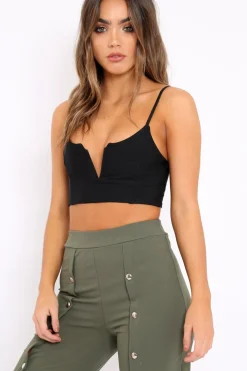 Rebellious Fashion Black Ribbed V Cut Crop Top - Cordelia