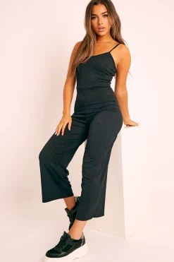 Rebellious Fashion Black Ribbed Wide Leg Jumpsuit - Elpha