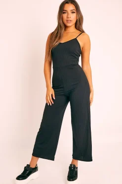 Rebellious Fashion Black Ribbed Wide Leg Jumpsuit - Elpha