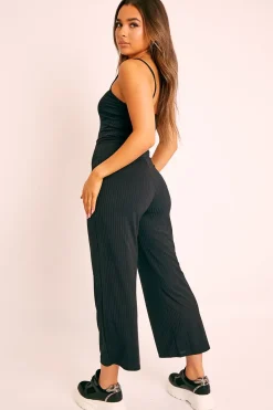 Rebellious Fashion Black Ribbed Wide Leg Jumpsuit - Elpha