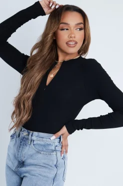 Rebellious Fashion Black Ribbed Zip Front Long Sleeve Bodysuit - Susanne