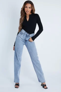Rebellious Fashion Black Ribbed Zip Front Long Sleeve Bodysuit - Susanne