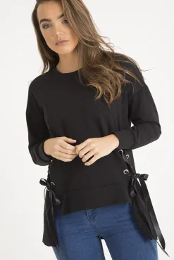Rebellious Fashion Black Ribbon Lace Up Dipped Hem Jumper - Wilma