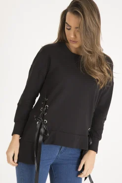 Rebellious Fashion Black Ribbon Lace Up Dipped Hem Jumper - Wilma
