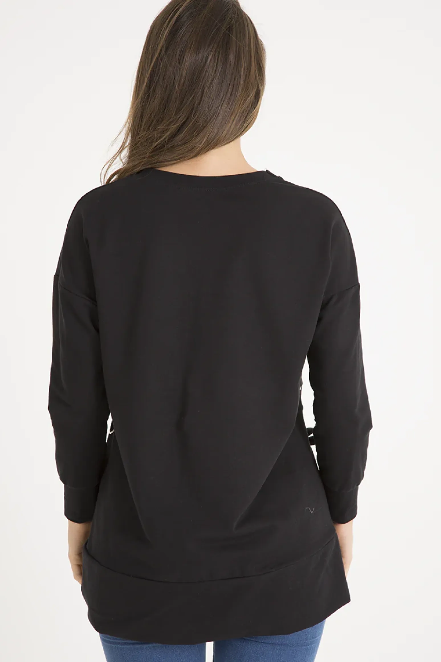 Rebellious Fashion Black Ribbon Lace Up Dipped Hem Jumper - Wilma