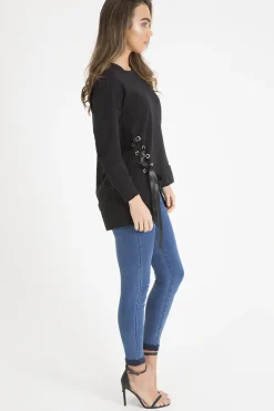 Rebellious Fashion Black Ribbon Lace Up Dipped Hem Jumper - Wilma