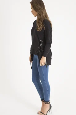 Rebellious Fashion Black Ribbon Lace Up Dipped Hem Jumper - Wilma