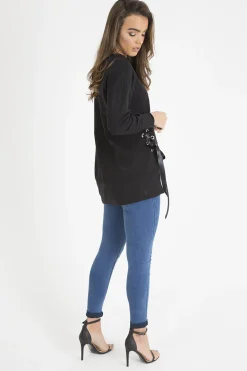 Rebellious Fashion Black Ribbon Lace Up Dipped Hem Jumper - Wilma